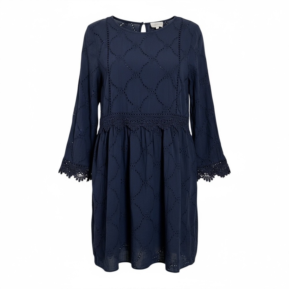 Entro Navy‎ Blue Eyelet Lace Trimmed Babydoll Dress Size L Boho Romantic